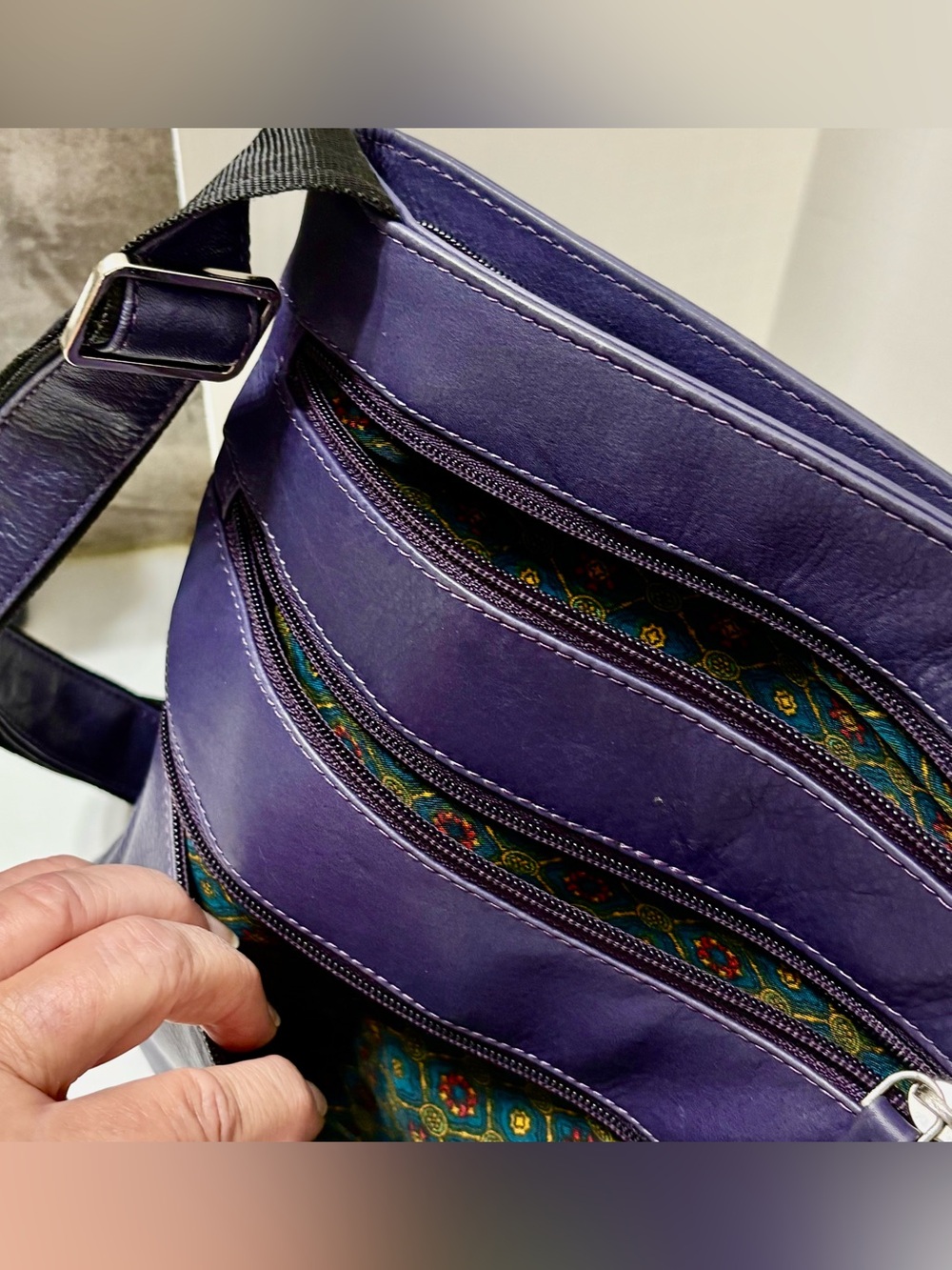 Purple Women’s Crossbody Leather Bag with Patterned Interior